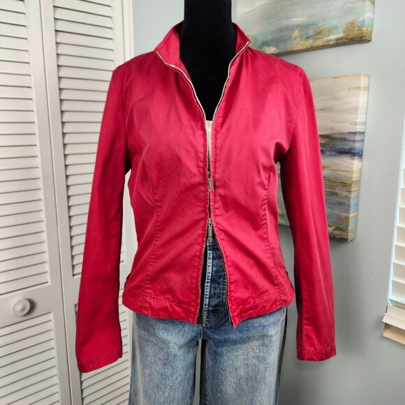 VTG WEEKEND MaxMara Red Jacket Size Medium Moto Double Zip Italian Made Cotton - Picture 4 of 11